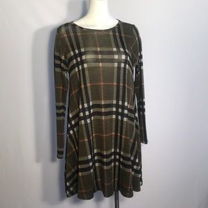 Olive Green long sleeve Plaid Dress